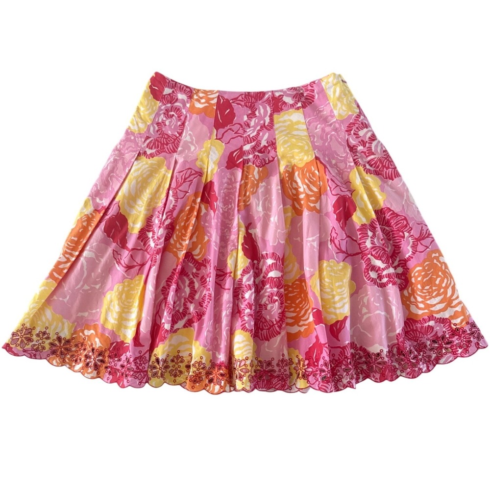 Vintage Lilly Pulitzer Floral Pleated Skirt Womens 6 Pink Yellow Eyelet Hem RARE